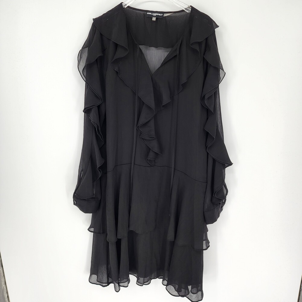 Karl Lagerfeld Paris Size 6 Black Chiffon Ruffle Long Sleeve V-Neck Tiered Mini